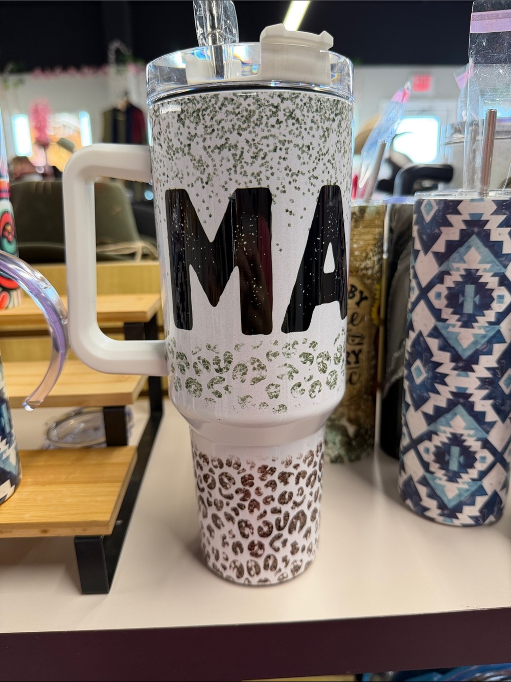White Leopard Print Travel Tumbler with Green Speckle Accent